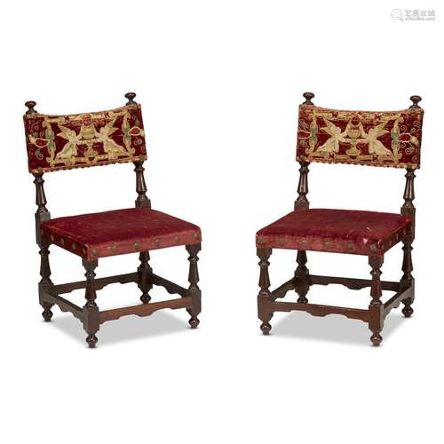 A PAIR OF SPANISH TURNED WALNUT CHILDREN'S CHAIRS WITH SILK VELVET UPHOLSTERY