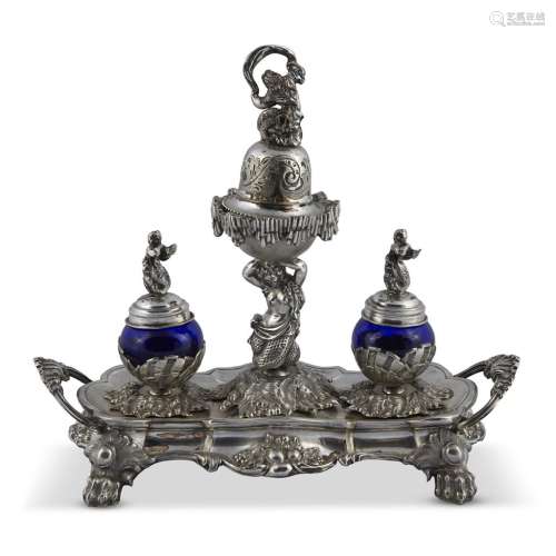 A CONTINENTAL COBALT GLASS-MOUNTED SILVER ROCOCO REVIVAL INKSTAND