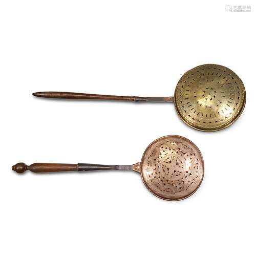 TWO ENGLISH PIERCED BRASS BEDWARMERS