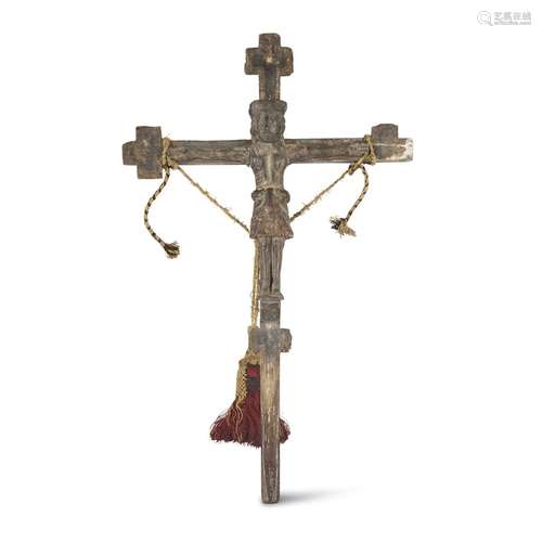 A SPANISH CARVED PINE AND OAK CRUCIFIX