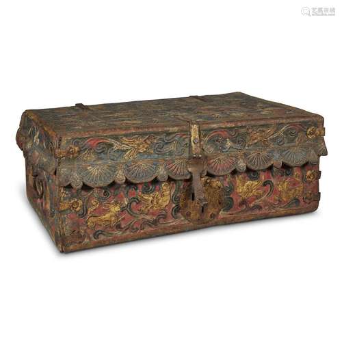 A SPANISH OR SPANISH COLONIAL TOOLED AND POLYCHROME LEATHER BOX