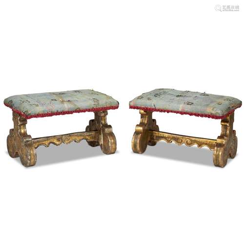 A PAIR OF SPANISH BAROQUE GILTWOOD BENCHES