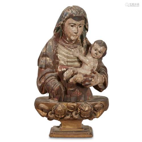 A SPANISH COLONIAL PARCEL-GILT AND POLYCHROME WOOD HALF-LENGTH SCULPTURE OF THE MADONNA AND CHILD