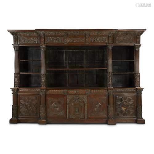 A LARGE WILLIAM & MARY CARVED OAK BOOKCASE