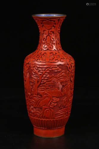 A RED LACQUER BRONZE VASE CARVED CLEAR PATTERNS