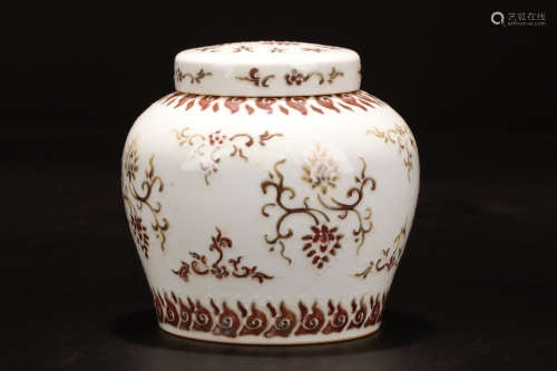A RED GLAZE JAR WITH TIAN MARK & LOTUS PATTERN