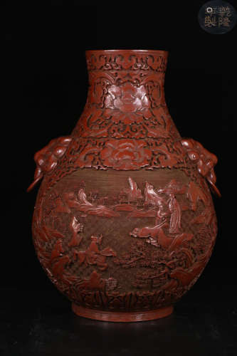 A QIANLONG MARK LACQUER WOOD STORY-TELLING DOUBLE-EAR VASE
