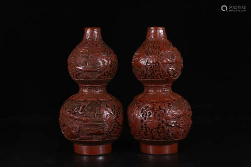 A PAIR OF LACQUER WOOD GOURD ORNAMENTS