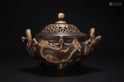 A GILT BRONZE DRAGON DESIGN DOUBLE EAR TRIPLE FOOT INCENSE BURNER