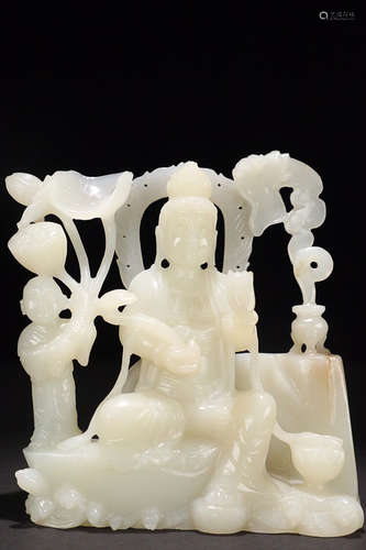 17-19TH CENTURY, A HETIAN JADE GUANYIN STATUE, QING DYNASTY