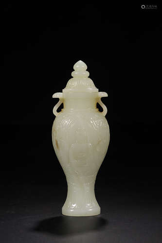 A BUDDHA DESIGN HETIAN JADE DOUBLE EAR VASE