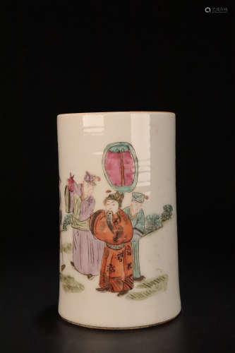17-19TH CENTURY, A FIGURE STORY DESIGN FAMILLE ROSE BRUSH POT, QING DYNASTY