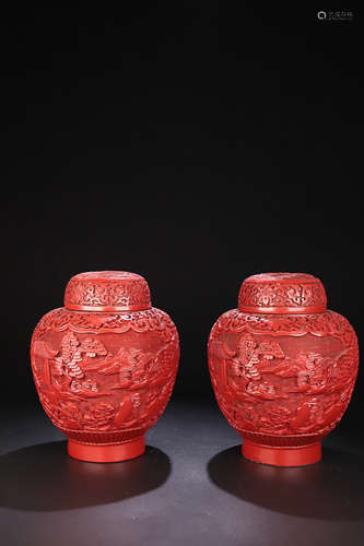 17-19TH CENTURY, A PAIR OF LANDSCAPRE PATTERN OLD LACQUERWARE POT, QING DYNASTY