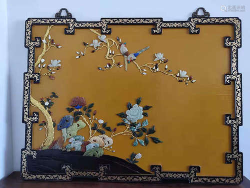 A FLORAL&BIRD DESIGN YELLOW GROUND HANGING SCREEN