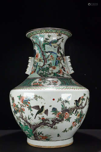 17-19TH CENTURY, A BIRD&FLORAL PATTERN FAMILLE ROSE DOUBLE EAR VASE, QING DYNASTY