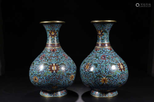 A PAIR OF  FLORAL DESIGN ENAMEL VASES