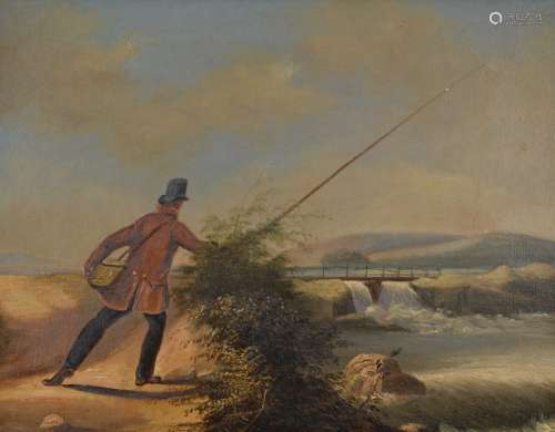 Follower of James Pollard (British 1792-1867) A man fishing before a waterfall Oil on board 20 x