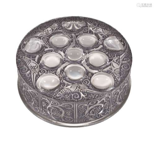 Lalique, Cristal Lalique, Roger, a black stained glass box and cover, engraved mark, 13.5cm diameter