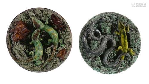 Two similar Portuguese majolica Palissy-style dishes of Caldas Da Rainha type, late 19th century,