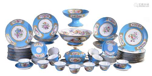 A Sevres-style turquoise-ground composite part dessert service, late 19th century, painted with