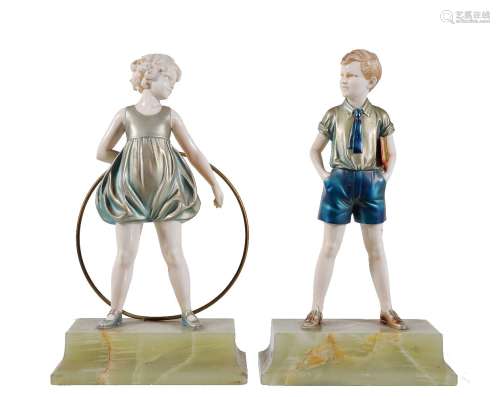 ϒ Ferdinand Preiss (1882-1943), Sonny Boy and Hoop Girl, two Art Deco cold painted bronze and ivory