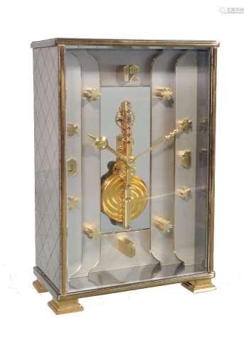 Jaeger-LeCoultre, a lacquered brass mantel timepiece, circa 1970, the movement with visible vertical