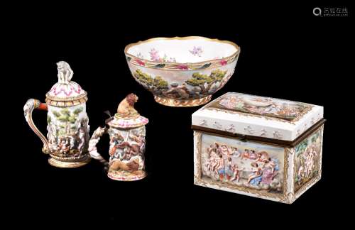 A selection of Naples-style con basso relievo istoriato porcelain, circa 1900, comprising: a gilt-