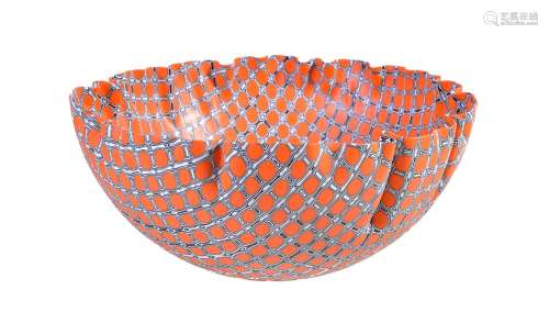 Mel Munsen (American/Canadian, b. 1946), an orange, black and white art glass bowl, murrine canes,