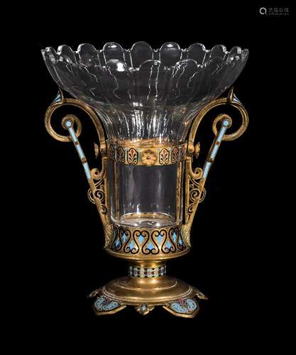 A Napoleon III champlevé enamelled and gilt metal mounted cut glass vase, circa 1870, the vase