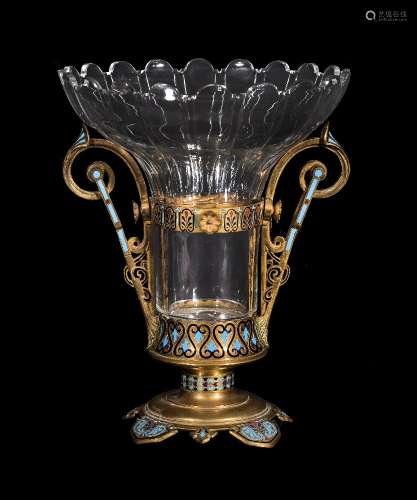A Napoleon III champlevé enamelled and gilt metal mounted cut glass vase, circa 1870, the vase
