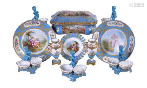 An assortment of Sevres-style porcelain, late 19th century, turquoise-ground and variously painted