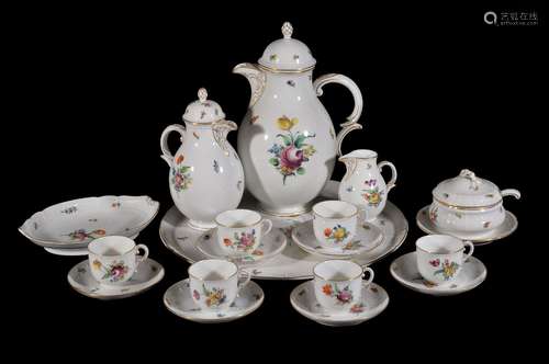 A modern Nymphenburg part coffee service, painted with deutsche Blumen beneath ozier-moulded