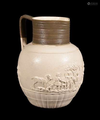 A Neale & Co. dry-bodied stoneware 'Hunting' jug, early 19th century, sprigged with a hunt meet