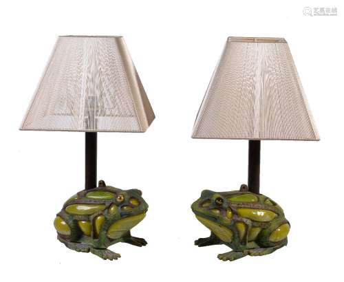 A pair of painted cast iron and reverse painted glass table lamps, late 20th/early 21st century,