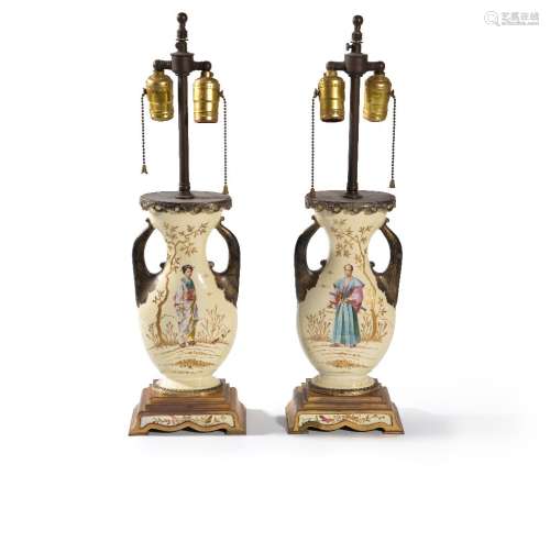 A pair of French metal mounted ceramic Japonisme table lamps, circa 1880, the bodies modelled as