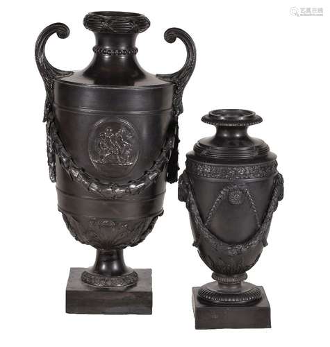 A rare S. Greenwood of Fenton black basalt classical urn, circa 1775, the shoulder with an oakleaf