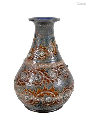 A Doulton Lambeth stoneware baluster vase by George Tinworth, scroll foliage in bands of brown and