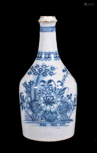 An English delft blue and white chinoiserie water bottle, circa 1770, painted with flowers, 27cm