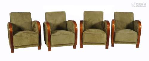Two pairs of green suede upholstered arm chairs in Art Deco style, late 20th century, each 82cm