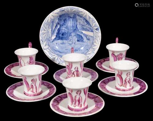 Thérèse Lessore, a set of six Wedgwood bone china coffee cans and saucers, painted in pink lustre