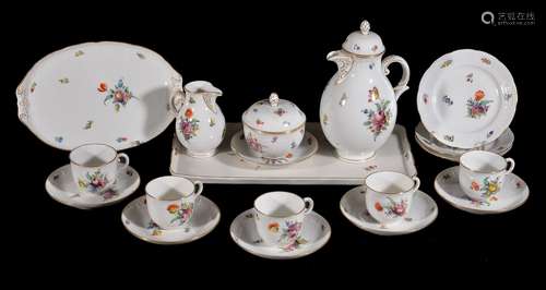 A modern Nymphenburg part coffee service, painted with deutsche Blumen beneath ozier-moulded