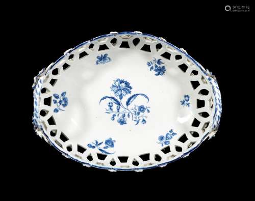 A Worcester blue and white pierced two-handled basket, circa 1780 printed with the 'Gilliflower