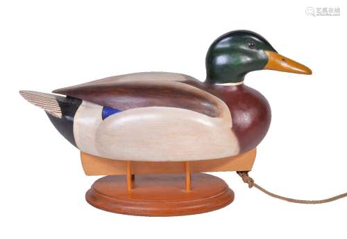 Alan Emmett (1938-2008); a modern carved and painted wood model of a duck decoy, the keel with