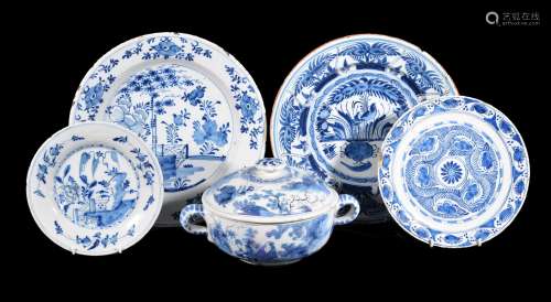 A selection of Dutch Delft, various dates 18th and 19th centuries, comprising: a porringer and cover