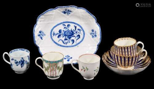 Four items of Worcester porcelain and a Bow porcelain dish, various dates 18th century,