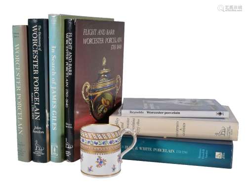 A Worcester (Flight & Barr) mug and seven reference books on Worcester porcelain, the mug circa