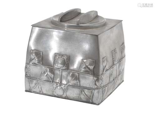 Archibald Knox for Liberty & Co., a Tudric pewter biscuit box and cover, circa 1905, of square