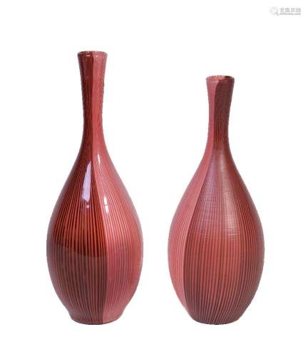 Carlo Scarpa for Venini, two Tessuto Battuto vases, designed circa 1940, these 1990s, with narrow