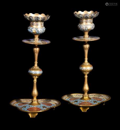 A pair of French gilt metal and champlevé enamel candlesticks in the Orientalist taste, final