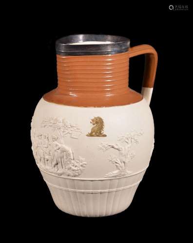 A Turner white dry-bodied stoneware 'Hunting' jug with silver-mounted rim, circa 1790-1800, sprigged